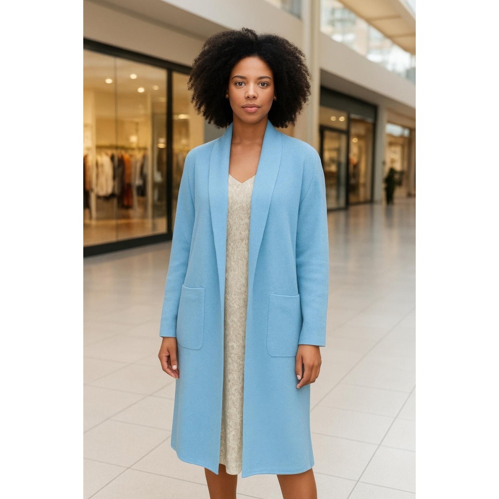 Light Blue Open Front Long Sleeve Shawl‎ Collar Midi Cardigan Sweater Women's S